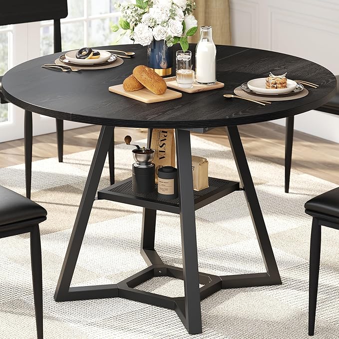 Round Dining Table for 4, Black Kitchen Tables Dining Room Circle Dinner Table with Pedestal Metal Frame, 47 Inch Space Saving Wood Industrial Kitchen & Dining Room Tables