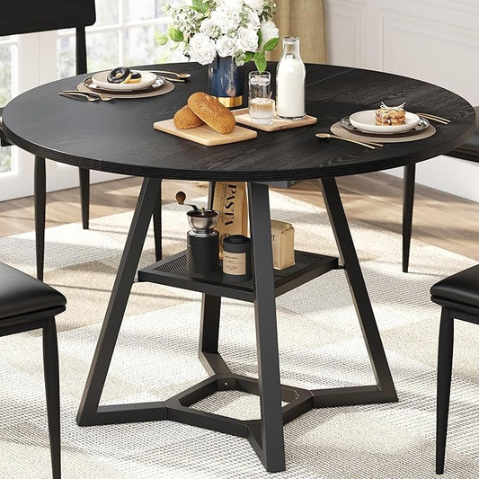 Round Dining Table for 4, Black Kitchen Tables Dining Room Circle Dinner Table with Pedestal Metal Frame, 47 Inch Space Saving Wood Industrial Kitchen & Dining Room Tables