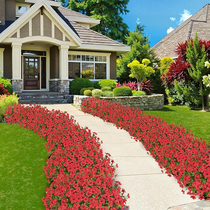 20 Bundles Artificial Flowers for Outdoors Decoration Fake Silk Flowers UV Resistant Faux Plants Artificial Daisy Eucalyptus for Spring Summer Garden Yard Porch Window Home Decor, Red