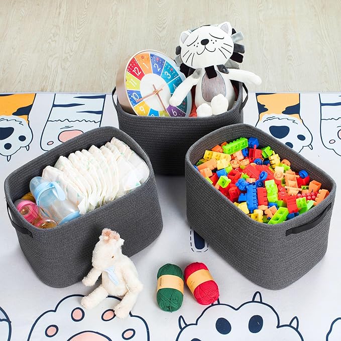 MINTWOOD Design 3-Pack Decorative Woven Storage Baskets for Shelves, Cube Bin Box for Organizing Books, Shoes, Dog Toys, Pantry Closet and Living Room Organizer, Charcoal / Black