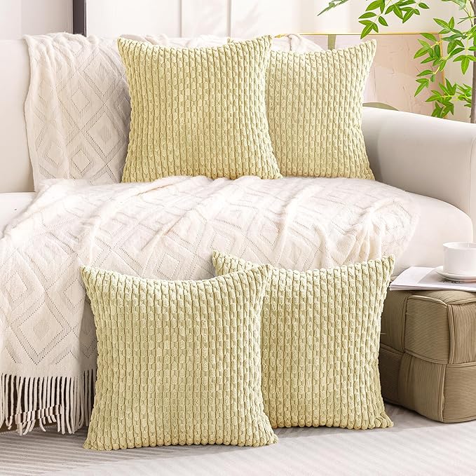 Set of 4 Pale Yellow Decorative Throw Pillow Covers 16x16 Inch Corduroy Pillow Covers for Bed Couch Sofa Living Room Soft Square Cushion Cases