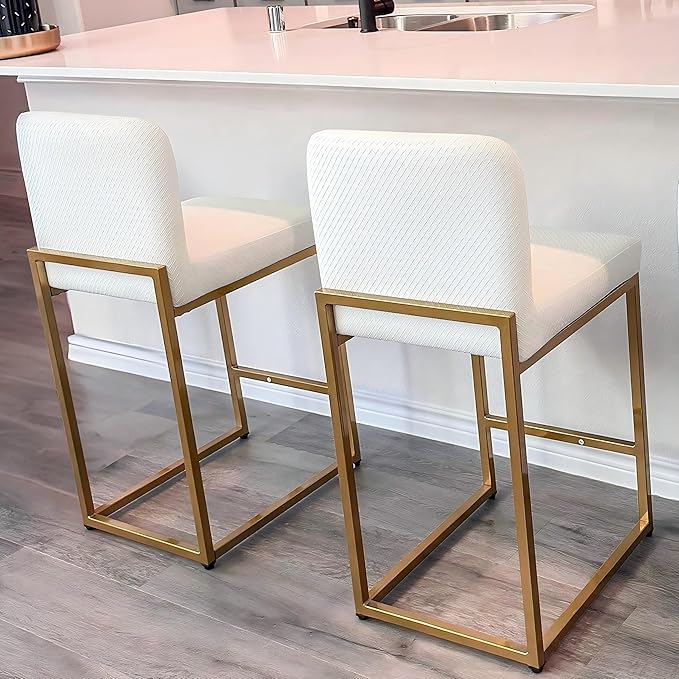 ALPHA HOME 24” Bar Stools Set of 2 Counter Height Bar Stool Pu Leather Kitchen Modern Bar Stools with Backrest Upholstered Footrest Sturdy Chromed Metal Steel Frame, Off-White