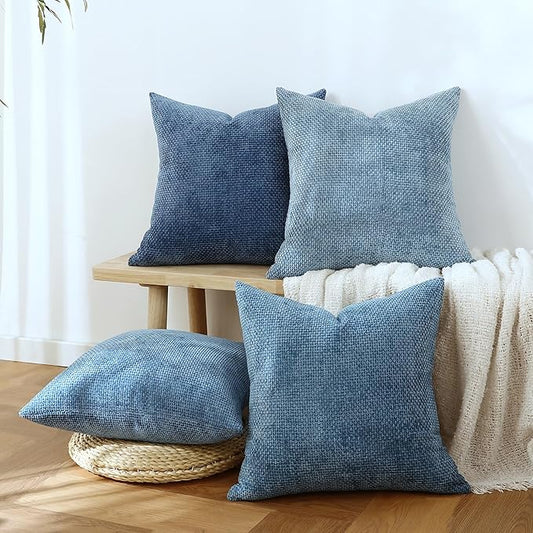 Stellhome Set of 4 Neutral Decorative Throw Pillow Covers Soft Chenille Woven Textured Luxury Accent Cushion Cases for Living Room Couch Bed Sofa Farmhouse Boho Home, 20x20 inch, Neutral Blue