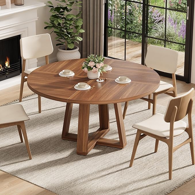 GAOMON Round Dining Table for 4-6, 47" Circle Dining Room Table with Sturdy Cross Base, Farmhouse Wood Dinner Table for Apartment Kitchen Living Room, Walnut (Table Only)
