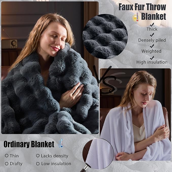 Faux Fur Throw Blanket for Couch, Fluffy Fuzzy Plush Bubble Blanket, Soft Warm Cozy Shaggy Rabbit Blanket, Luxury Decorative Gifts for Sofa Bedroom Living Room, 60x50inch (Grey)