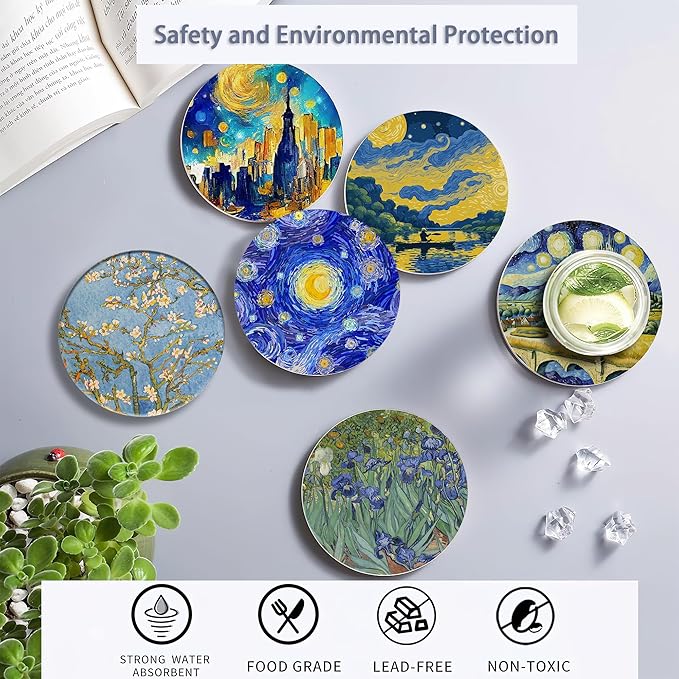 Drink Coasters Set of 6 with Holder, Van Gogh Style Absorbent Ceramic Coasters with Cork Base,Fit All Cups,Great Gift for Housewarming,Room Decor,Bar,Holiday Party