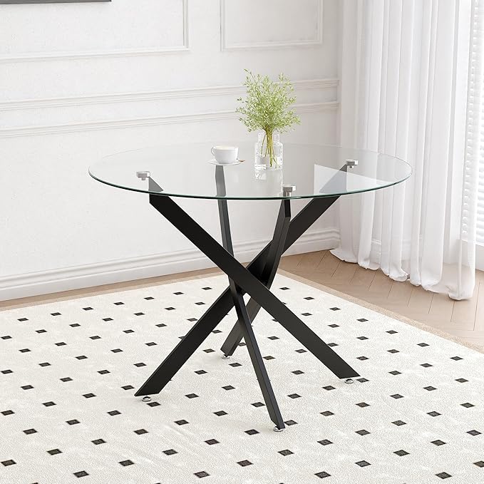 Glass Dining Table Modern Kitchen Table with Black Metal Legs 36 Inch Small Round Dining Table for Apartment Kitchen Dining Room