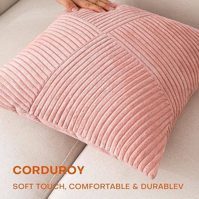 Decorative Throw Pillow Covers 18x18 Inch Set of 2 for Boho Living Room Farmhouse Home Decor, Spring Pillow Covers for Couch Bed, Soft Corduroy Striped Patchwork Cushion Cases, Blush Pink