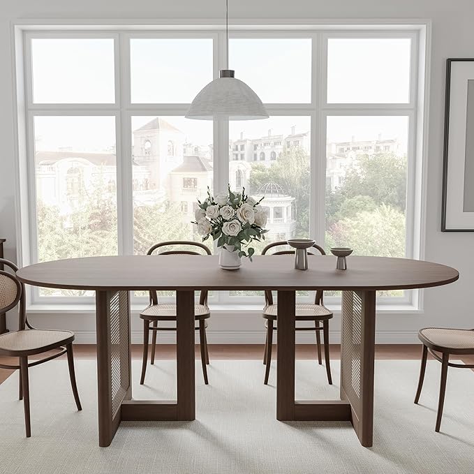 Casaphoria 67" Dining Table, Wicker Base Modern Kitchen Table for 4-6, Farmhouse Style with Oval Top & Wicker Base, Easy Assembly for Living Room, Kitchen, Walnut Wood