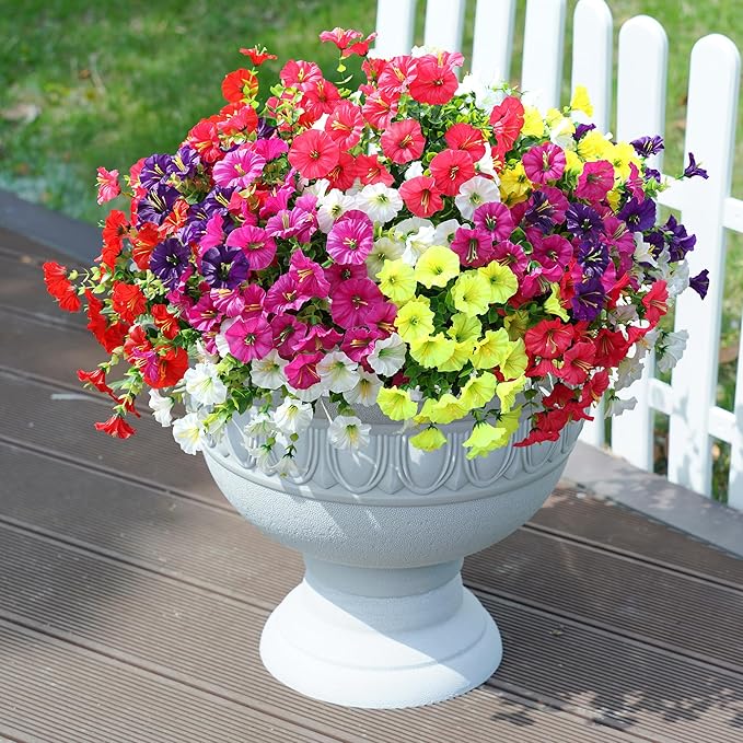 Artificial Flowers Fake Plants for Outdoors Decoration, 12 Bundles Silk Morning Glory with Eucalyptus Realistic UV Resistant Faux Flowers for Outside Planter Porch Yard Patio Garden Home Indoor, Mix