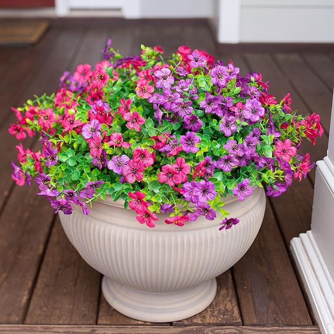 Artificial Flowers for Outdoor Indoor Garden Home Decoration, Faux Flower Daisy with Eucalyptus Leaves Fake Plants Greenery Boxwood Porch Patio, 12 Bundles (Purple Pink)