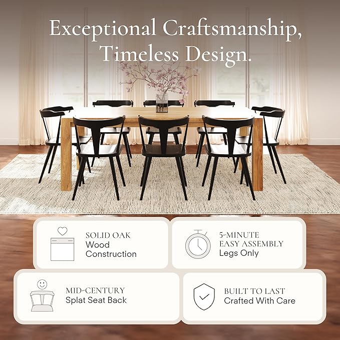 POLY & BARK Mid Century Modern Enzo Black Dining Chair – Solid Oak Wood Splat Back Chair, 18" Seat Height, 32" Tall – Stylish MCM Kitchen & Dining Room Chair - Set of 4
