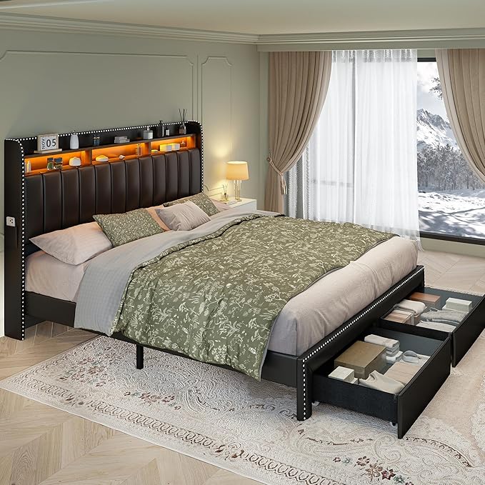 Torana Queen LED Bed Frame with 2 Drawers, PU Leather Upholstered Storage Wingback Headboard Beds, Channel Tufted Platform Bedframe with Rivet Decor, No Box Spring Needed, Black