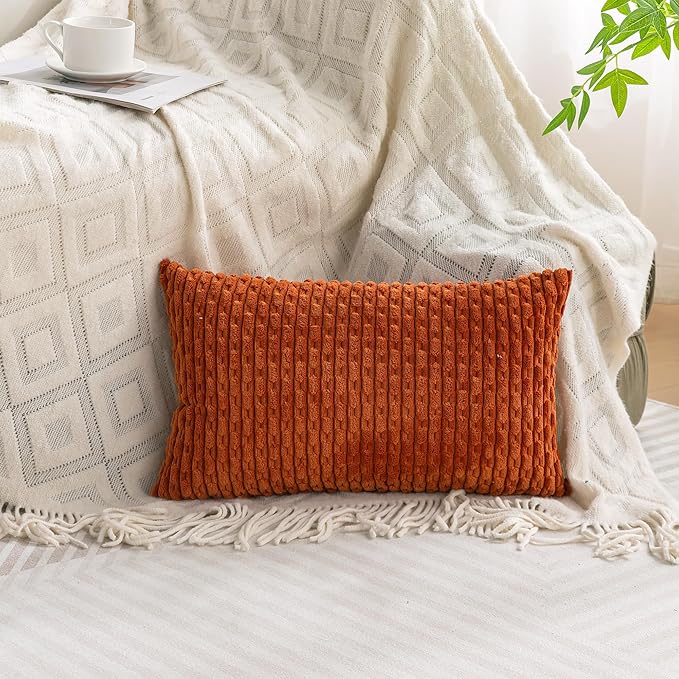 Set of 4 Burnt Orange Decorative Throw Pillow Covers 12x20 Inch Corduroy Pillow Covers for Bed Couch Sofa Living Room Soft Cushion Cases