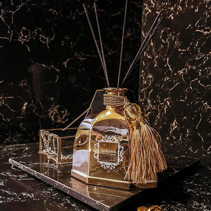 SPRING Fragrance Gold Reed Diffuser Set, Extra Large 10.14 Oz (300ml), Fragrance Made in France, Jasmine, Lily of The Valley, Tuberose, Air Fresheners for Home/Luxury Diffusers for Home
