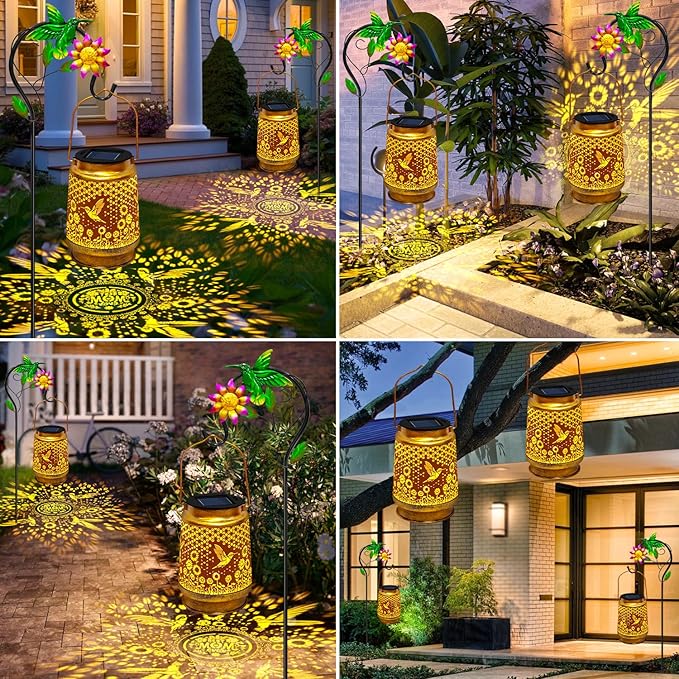 Solar Lanterns Outdoor Waterproof with Shepherd Hook,Hummingbird Garden Decor Christmas Decorations Birthday Gifts for Women Mom,Hanging Solar Lights Metal Bird Decorative for Yard,Patio,Porch,Lawn