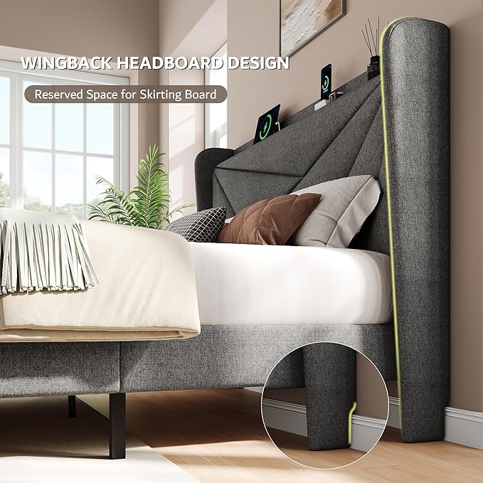 iPormis Full Size Bed Frame with Charging Station, Linen Platform Bed Frame with Wingback Headboard Upholstered Bedframe, Solid Wood Slats Support, No Box Spring Needed, Easy Assembly, Dark Grey