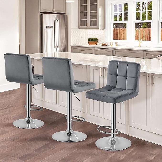 Yaheetech Bar Stools Set of 4, Velvet Fabric Swivel Barstools, Height Adjustable Counter Chairs, Modern Stools with Back for Bar Kitchen Island Dining Room, Dark Grey