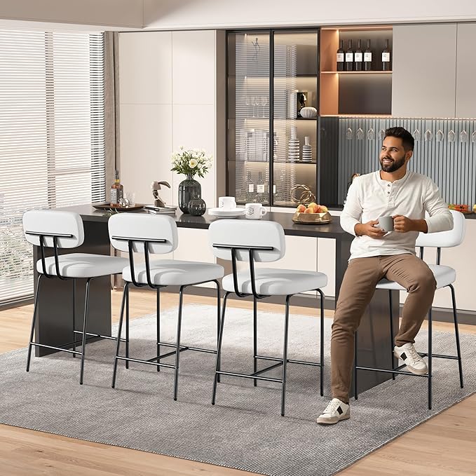 Counter Height Bar Stools Set of 4, 26" Faux Leather Kitchen Counter Bar Stools with Backs, Metal Legs, Footrest, Bar Chairs for Kitchen Island, White
