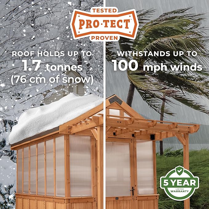 Backyard Discovery Bellerose 9' x 6' Cedar Wood and Polycarbonate Walk-in Greenhouse Kit with Pergola, Exhaust Fan, Windows, Hose Hook-Ups, PowerPort, Staging Shelves for Year-Round Outdoor Gardening