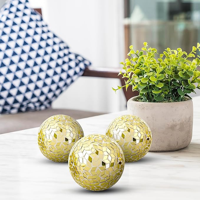 Alpha Living Home 3.5" Glass Mosaic Elegant Antique Gold Metal Sphere Set of 3 - Chic Centerpieces, Farmhouse & Art Deco Home Accents, Vintage Modern Table Decor, Indoor/Outdoor Ornament (Gold)