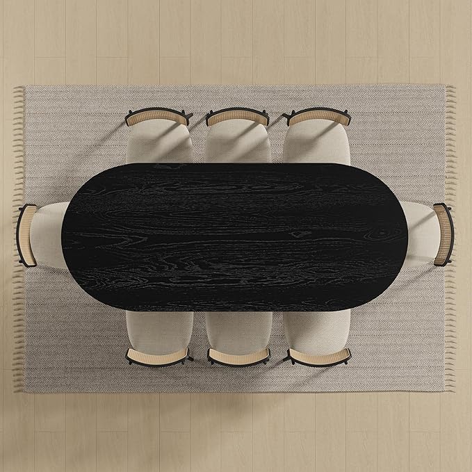 Casaphoria 79" Dining Table for 8, Wood Kitchen Table with Scratch-Resistant Top & Rattan Base, Modern Farmhouse Oval Dining Table for Living Room, Kitchen, Easy Assembly, Black (Chairs not Included)