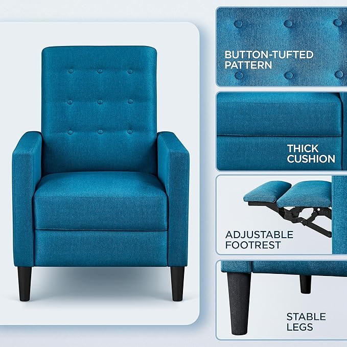 Yaheetech Fabric Recliner Chair Mid-Century Modern Recliner Adjustable Single Recliner Sofa with Thicker Seat Cushion Tufted Upholstered Sofa with Pocket Spring for Living Room Bedroom Blue