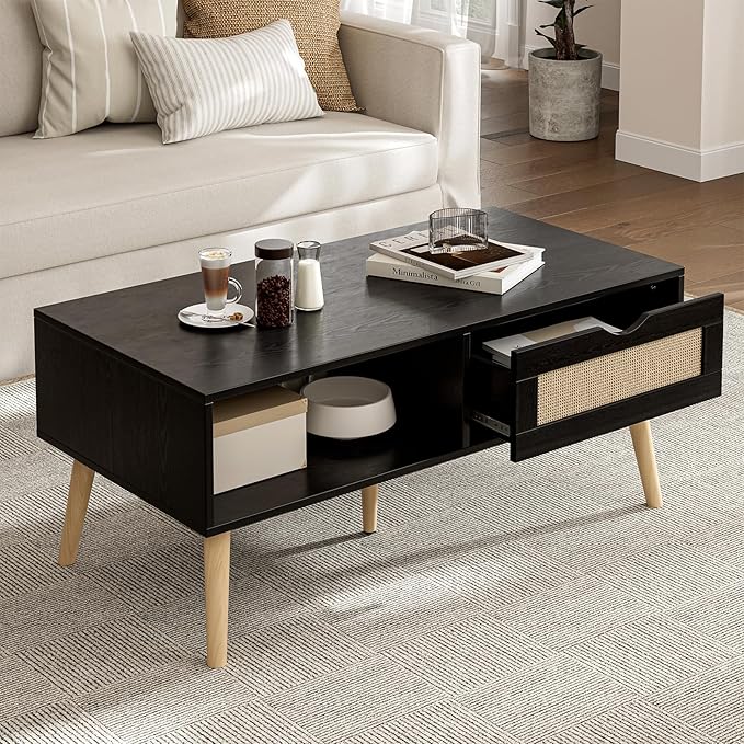 Wood Coffee Table with Storage, Boho Dining Table with Sliding Rattan Door Panel and Solid Wood Legs, Small Coffee Tables for Living Room, Oak (Black_LSJ007)