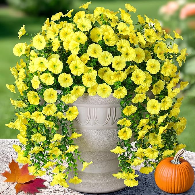 2 PCS Artificial Fall Faux Hanging Flowers Plants for Outdoor Decor,Fake Silk Morning Glory with Eucalyptus UV Resistant Realistic Mums Trailing Vines for Wall Home Porch Patio Balcony Yard,Yellow