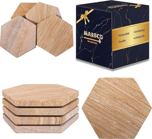 Sandstone Water Absorbent Hand Crafted Hexagon Coasters for Drinks - 4 Inches Wide Thirsty Stone Bar/Drink Coasters- Made from Rainbow Sandstone (Set of 4 Without Holder)