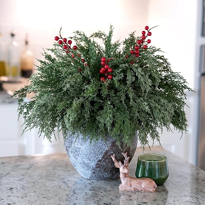 Cedar Stems Artificial Norfolk Pine Branches for Christmas Decor, 12 PCS Fake Pine Stems with 3 PCS Red Berries Branches Realistic Fake Plants Faux Greenery for Vases DIY Garland Xmas Table Indoor