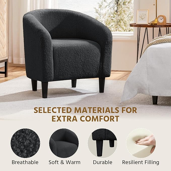 Yaheetech Accent Barrel Chair, Boucle Fabric Club Chair, Furry Sherpa Elegant Armchair with Cozy Soft Padded, Suitable for Living Room Bedroom Reception Room Office, Dark Gray