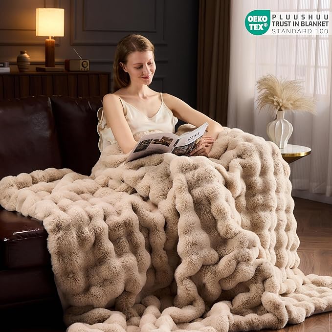 Faux Fur Throw Blanket for Couch, Fluffy Fuzzy Plush Bubble Blanket, Soft Warm Cozy Shaggy Rabbit Blanket, Luxury Decorative Gifts for Sofa Bedroom Living Room, 60x50inch (Naked Color)