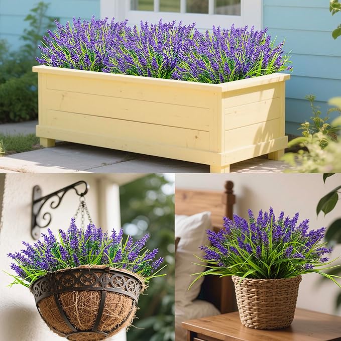 24 Bundles Artificial Lavender Flowers for Outdoors, UV Resistant Faux Plants, Monkey Grass, Fake Plastic Flowers for Porch, Garden, Window Box, Office & Home Decor