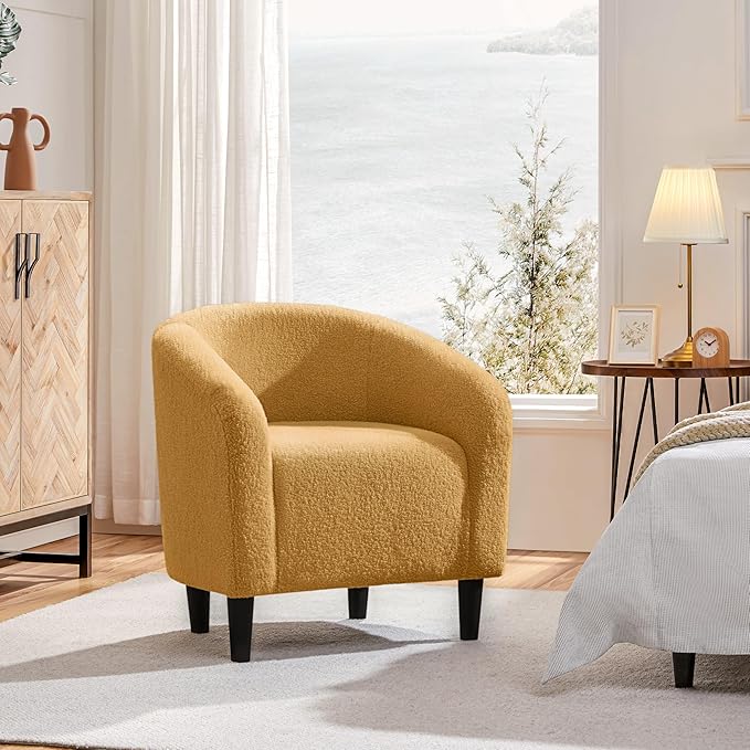 Yaheetech Accent Barrel Chair, Boucle Fabric Club Chair, Furry Sherpa Elegant and Cozy, Soft Padded Armchair for Living Room Bedroom Reception Room Office, Mustard Yellow