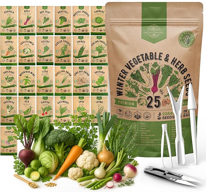 Organo Republic 25 Winter Vegetable & Herb Garden Seeds Variety Pack for Outdoors & Indoor Home Gardening 22,840+ Non-GMO Heirloom Seeds Broccoli Beet Carrot Cabbage Radish Pea Mint Thyme Parsley