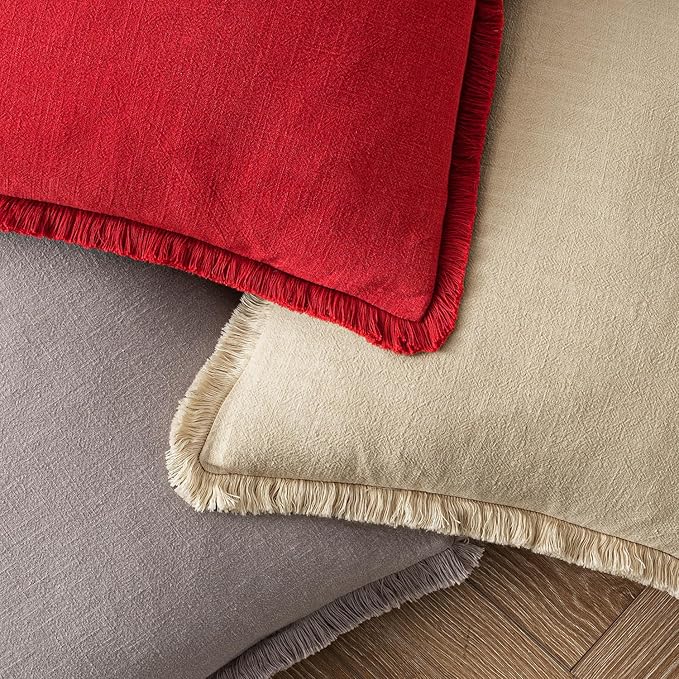 MIULEE Christmas Decorative Throw Pillow Covers Neutral Linen Fringe Throw Pillows Set of 2 Red Boho Farmhouse Cushion Covers with Tassels for Couch Sofa Bed Living Room Spring Home Decor 20x20 Inch