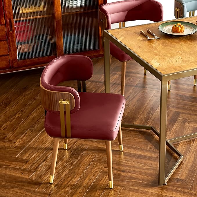 Modern Mid-Century Upholstered Leather Dining Chairs with High-Resilience Foam, Walnut Wood Veneer&Gold Metal Legs,Dining Chairs with Anti-Slip Pads,Cherry
