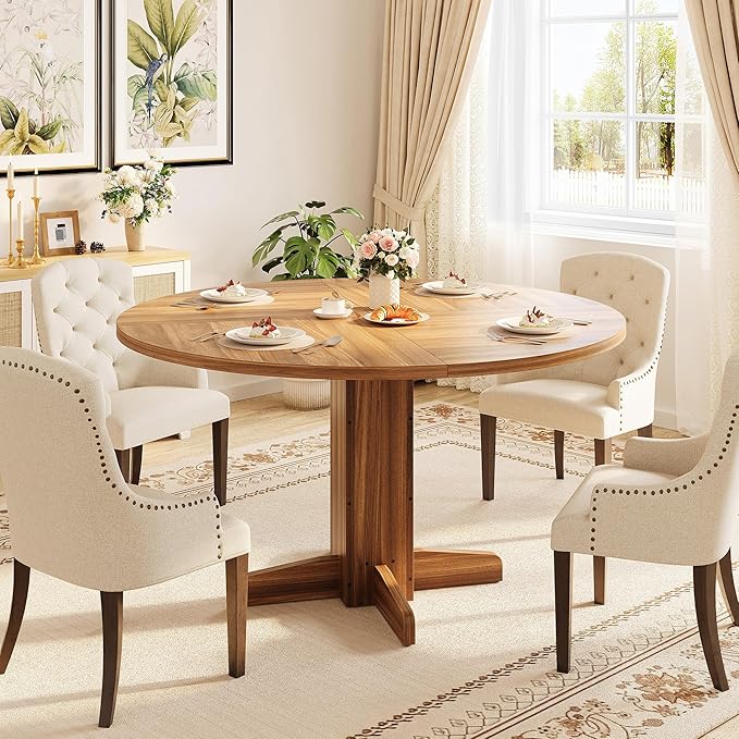 Garvee Round Dining Room Table for 4-6, 47" Wood Kitchen Table with Sturdy Pedestal Base, Farmhouse Circle Dinner Tables for Living Room, Apartment, Walnut