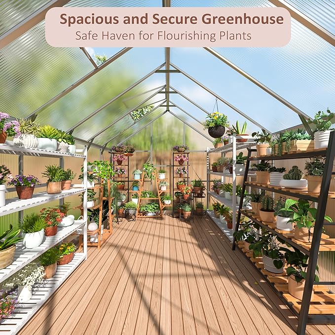 Greenhouse - 8x12 FT Quick Setup Polycarbonate with Roof Vent, Aluminum Large Walk-in for Outside Garden Backyard, Sliver