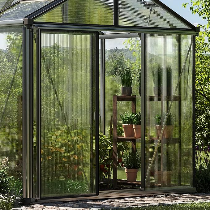 Greenhouse Diamas 21 Premium 7.7 x 7.7 ft with Approx. 16 mm Polycarbonate Panels, Natural Aluminum Color