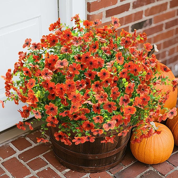 Artificial Fake Fall Mums Flowers Plants for Outdoor Outside Decoration, 12 Bundles Faux Silk Orange Daisy UV Resistant Look Real for Autumn Front Door Porch Planter Patio Garden Home