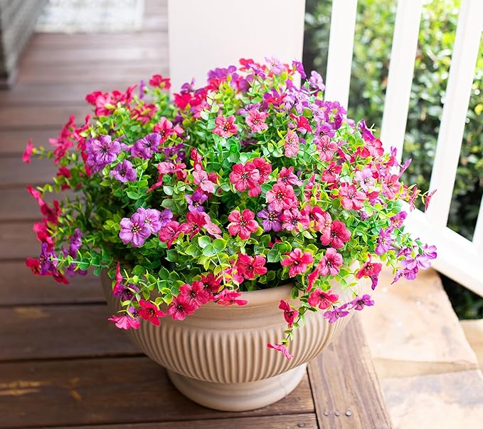 Artificial Flowers for Outdoor Indoor Garden Home Decoration, Faux Flower Daisy with Eucalyptus Leaves Fake Plants Greenery Boxwood Porch Patio, 12 Bundles (Purple Pink)