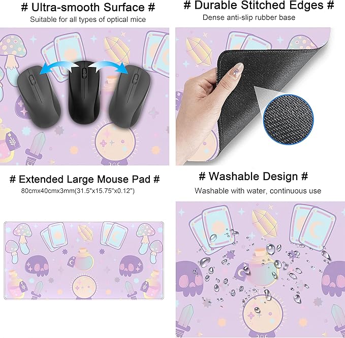 Kawaii Purple Desk Mat,Cute Witchy Elements Mouse Pad, Desk Pad Mystical Goth,XXL Gamig Desktop Mat,Extended Keyboard Mousepad Large for Computer Laptop,Girl Gamer Desk Decor 31.5''x15.7''