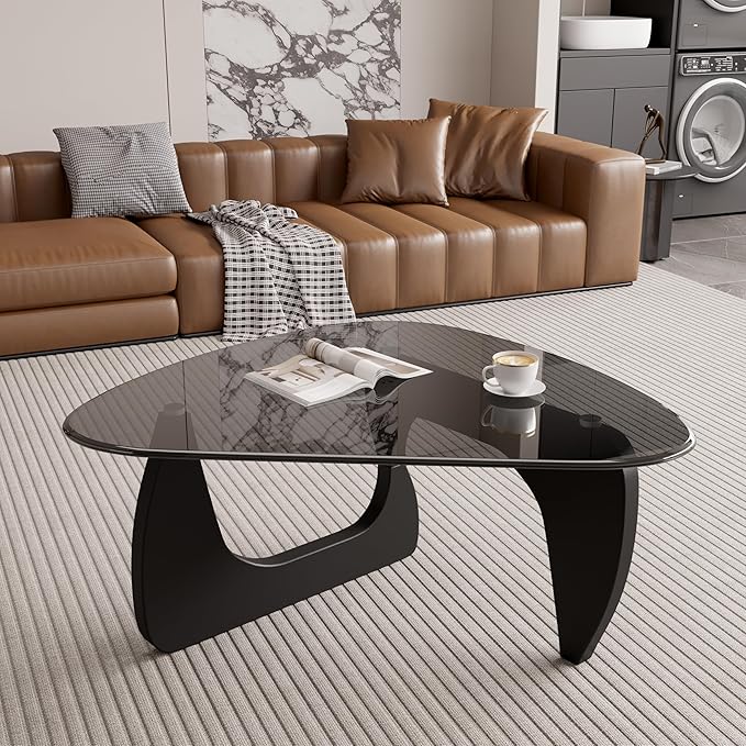 Modern Glass Coffee Table, Triangle Center Table with Tempered Glass Top& Unique Wooden Base, 42.5” Mid Century Tea Tables for Living Room, Apartment, Office,Black & Grey