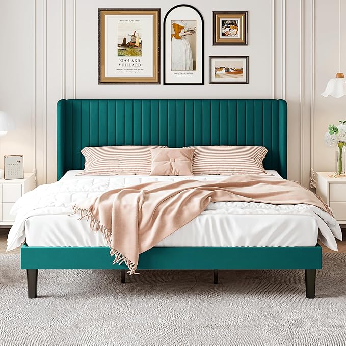 SHA CERLIN King Size Velvet Bed Frame with Vertical Channel Tufted Wingback Headboard, Upholstered Platform Bed with Wood Slats, No Box Spring Needed, Easy Assembly, Teal