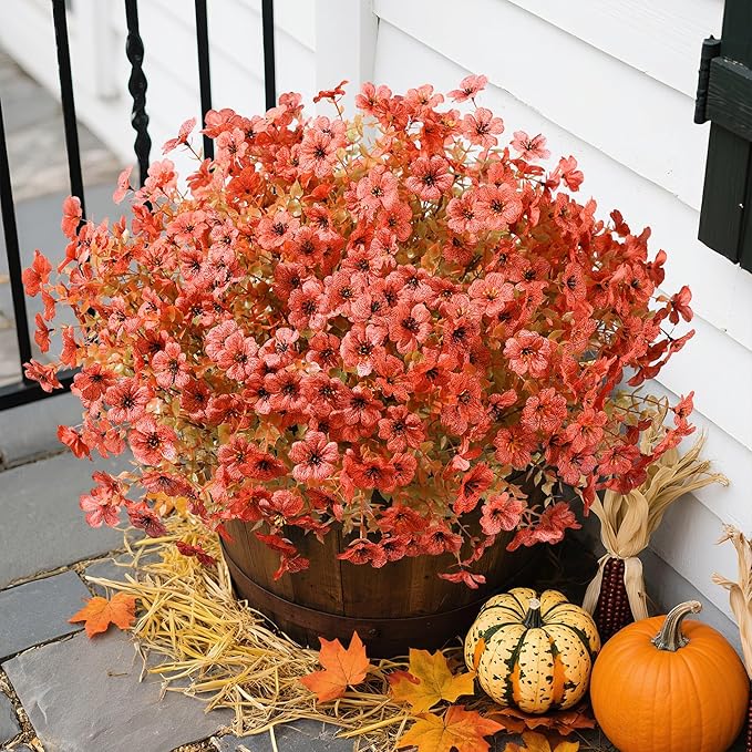 Artificial Fall Flowers Fake Mums for Outdoor Autumn Decoration, 12 Bundles Faux Silk Orange Yellow Mums Daisy Look Real UV Resistant for Outside Home Porch Patio Planter