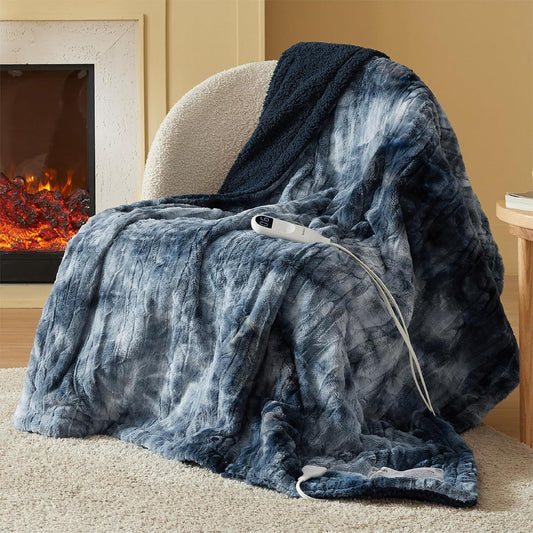Bedsure Heated Blanket Electric Throw - Faux Fur Sherpa, Fast Heating Electric Blanket with 6 Heating Levels & 4 Time Settings, 3 Hours Auto-Off (50x60 inches, Navy)