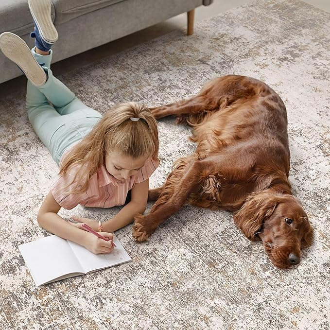 Area Rugs for Living Room: 5x7 Large Soft Washable Rug Modern Abstract Non-Slip Backing Stain Resistant Carpet for Bedroom Dining Room or Home Office Home Decor - Brown