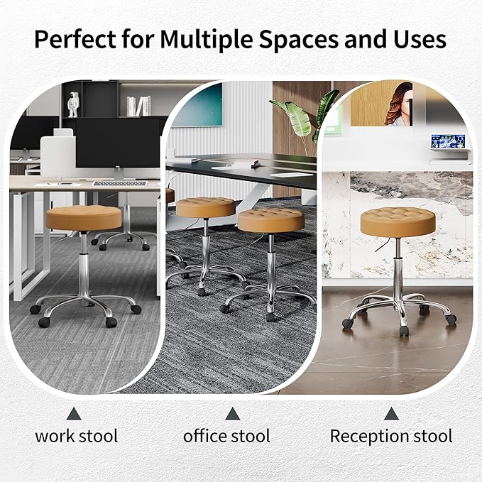 Drafting Stools with Wheels (Adjustable Height 20-27 inch) (300lbs Capacity) Round Vanity Stool (Camel Brown)